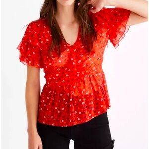Madewell Red Tiered Sleeve Peplum Top in Metallic Prairie Posies Ruffle Size 0